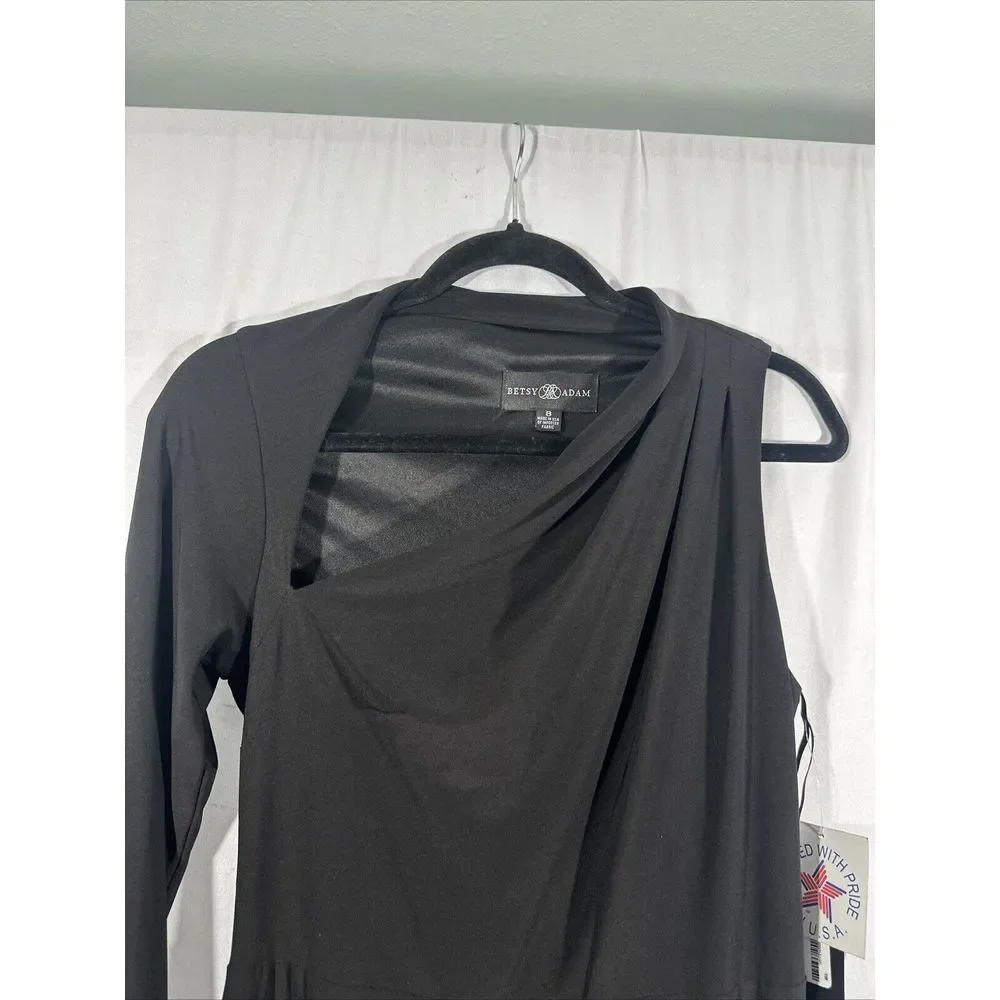 NWT $199 Betsy & Adam [ 8 ] One Shoulder Single Long Sleeve Gown‎ Black